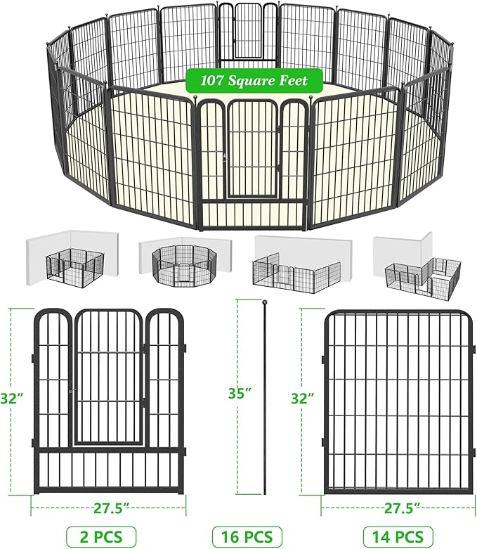 Garden Fence with Gate Metal Fencing Outdoor for Yard, 32in x37ft 16 Panels Outdoor Dog Fence Temporary Fence for Dogs Outside, Rustproof Garden Fencing Flower Bed Edging for Patio