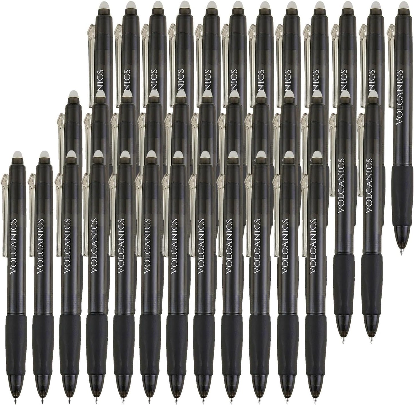 Volcanics Retractable Clicker Erasable Gel Pens - 0.7mm Ball Point, Heat Erase with Built-in Eraser, 36 Pack Black