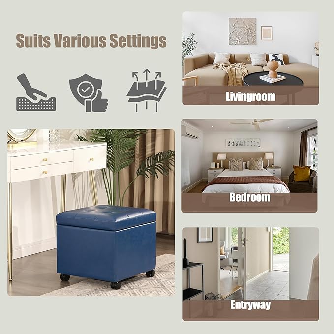 Homebeez Faux Leather Storage Ottoman with Steerable Rolling Wheels, 17.7" Square Small Foot Rest Stool Tufted Cube Footstool with Hinged Lid, Load 300 lb, for Living Room, Bedroom, Entryway, Blue
