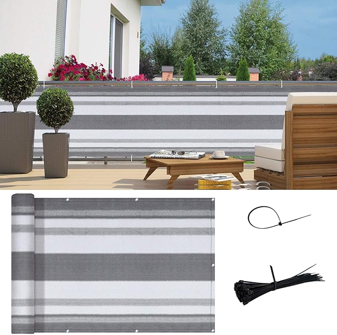 SUNNY GUARD 3'x16' Balcony Deck Privacy Screen Fence, Apartments Railing Screen Heavy Duty Wind Screen for Outdoor,Backyard,Patio Privacy(Silver Gray White Stripes