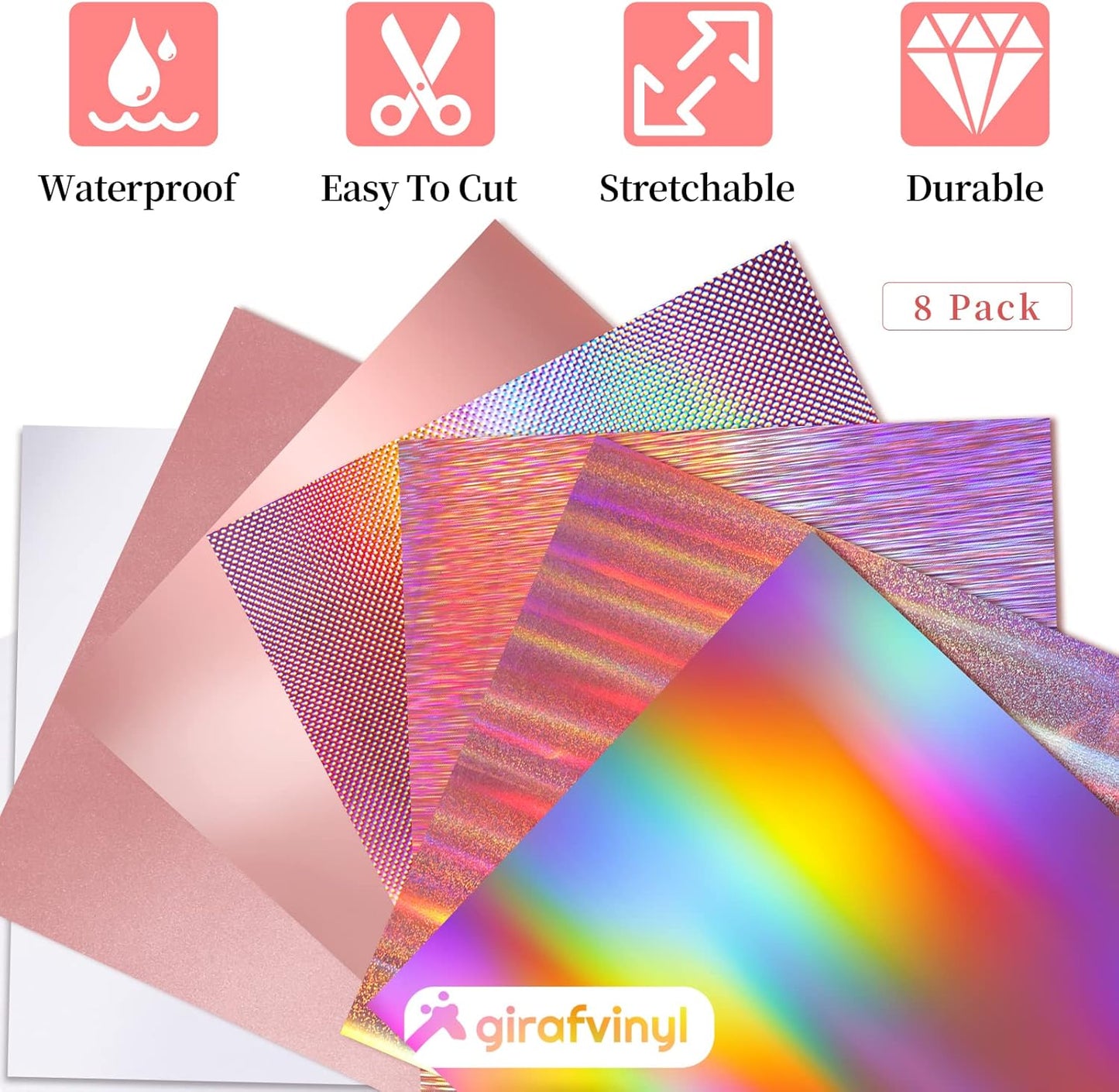 GIRAFVINYL Rose Gold Holographic Vinyl Permanent, Rose Gold Permanent Vinyl 6 Sheets Pink Adhesive Viny1 for DIY Cup, Home, Car Christmas Decorations, 12" x 12"