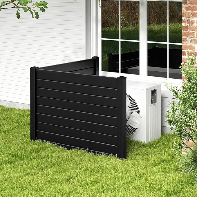 Giantex 4 Panels Air Conditioner Fence - 48''W x 36''H Outdoor Privacy Screen Trash Can Enclosure with Stakes, PVC Vinyl Freestanding Picket Fences for Garden Patio Lawn AC Unit Pool Pump, Black