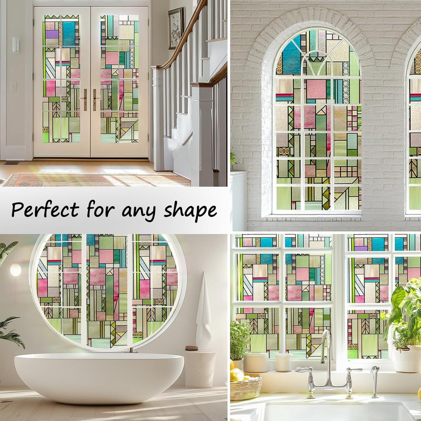 3D Stained Glass Window Privacy Film, Heat Control UV Blocking Static Cling Decorative Window Film for Bathroom,Front Door,Home Non Adhesive 16.9 x 78.7 inches Colorful Abstraction