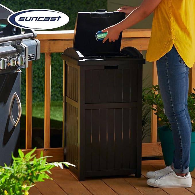 Suncast 3 Pack 33 Gallon Durable Plastic Hideaway Outdoor Garbage Can with Secure Lid & Wicker Design for Home Backyards, Decks, or Patios, Java Brown
