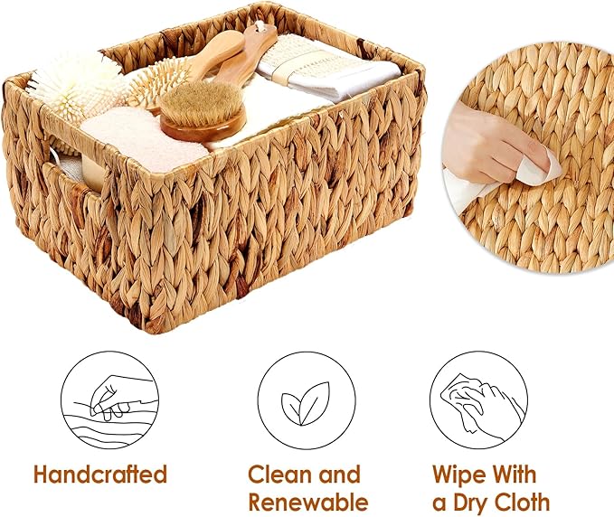 Wicker Baskets 2 Pack, Water Hyacinth Wicker Storage Basket with Handles, Large Rectangular Wickers Baskets for Organizing, Natural