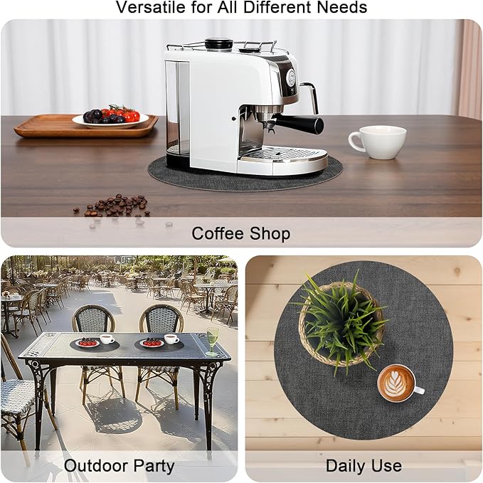 Myir JUN Round Placemats, Dual Sided Faux Leather Place Mats Set of 6 Indoor/Outdoor Non-Slip Washable Table Mats (Gray Brown, Set of 6)