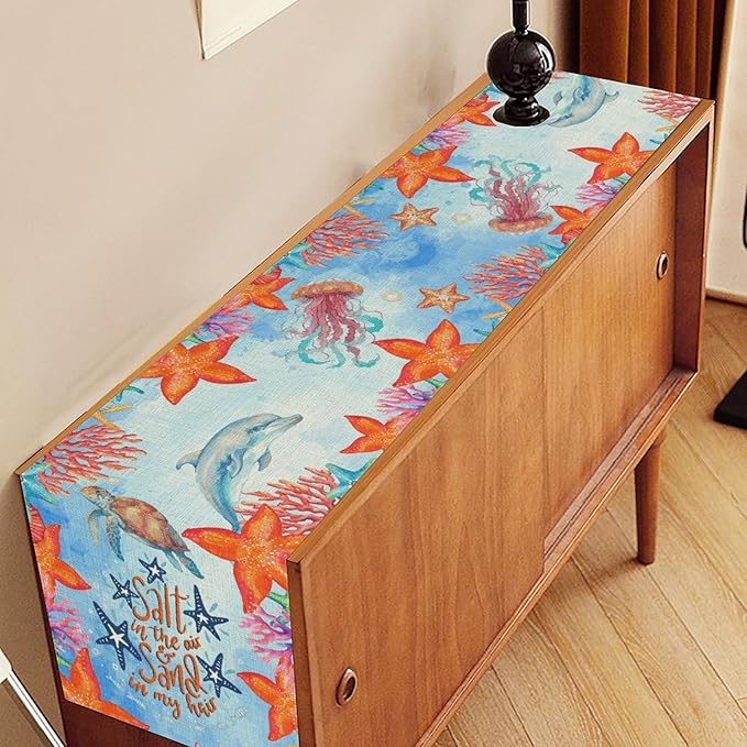 Summer Ocean Table Runner, Blue Sea Coastal Nautical Starfish Turtle Dolphin Seashell Undersea Table Runner Seasonal Holiday Home Kitchen Dining Table for Home Party Decor 13"x90"