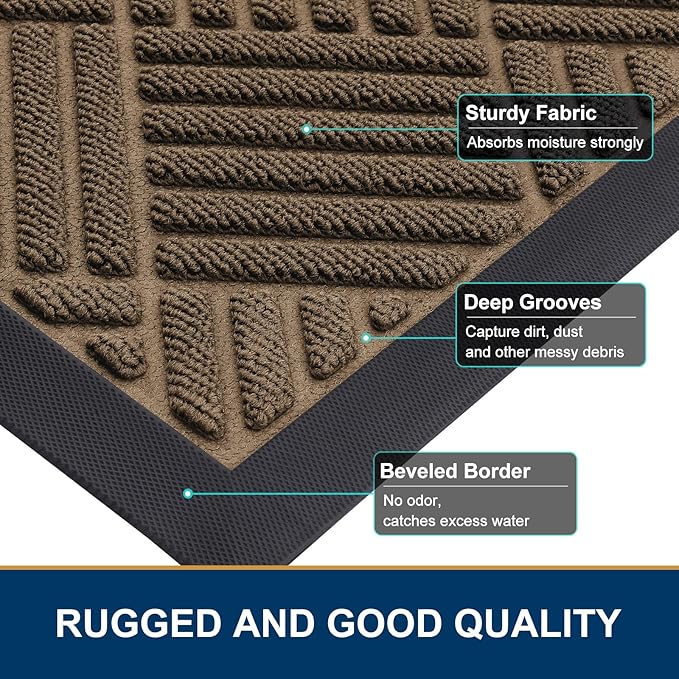 Smiry Front Door Mat Outside Entrance, Heavy Duty Outdoor Indoor Natural Rubber Doormat, Non Slip, Trap Dirt and Moisture, Easy Clean, Low Profile Patio Porch Entryway Mat, 29.5x17, Brown