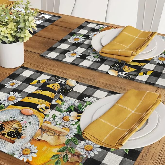 Seliem Spring Bee Gnome Daisy Placemats Set of 4, Honey Black White Buffalo Check Plaid Dining Table Place Mats, Summer Seasonal Farmhouse Kitchen Decor Home Decoration 12 x 18 Inch