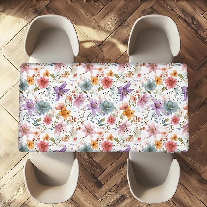 Rectangle Table Cloth Cover Waterproof Elastic Fitted Polyester Fitted Tablecloths for 6 Foot Tables for Indoor,Picnic, Camping, Outdoor （60" x 30"，Flower）
