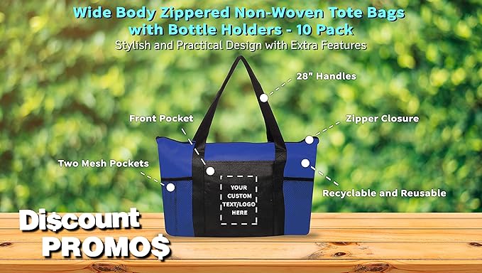 DISCOUNT PROMOS 10 Zippered Non-Woven Tote Bags Set - Customizable Text, Logo - Mesh Pocket, Zippered, Recyclable, Reusable - Blue - 19"X14"X3", with Zipper