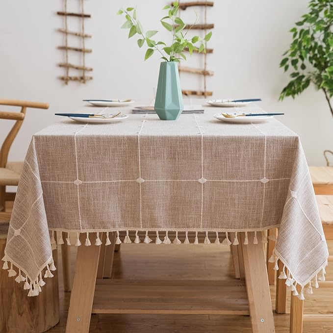 Pahajim Rustic Linen Tablecloth Cotton Rectangle Table Cloth for Kitchen Dining with Tassel Plaid Waterproof Tablecloths Rectangle/Oblong,55''x79'',4-6 Seats