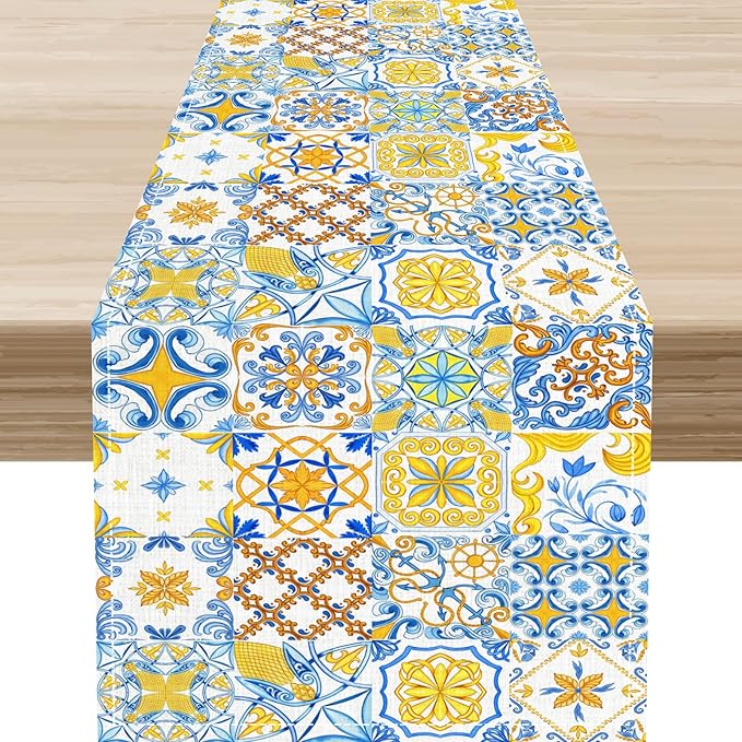 Mexican Table Runner, Blue Rustic Mexico Talavera Ceramic Dia De Los Muertos Coffee Table Center Decor for Family Home Kitchen and Dining Farmhouse Indoor Outdoor Table Decorations, 13" X 36"