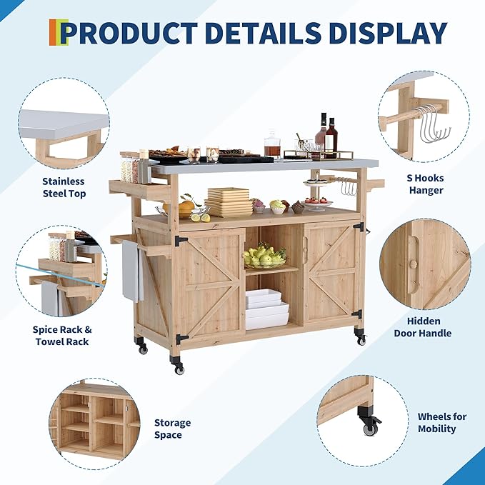 Garvee Outdoor Grill Cart with Storage, Outdoor Bar Cart Rolling BBQ Movable Pizza Oven Table Stand, Kitchen Island Carts with Stainless Steel Top, Spice Rack, Towel Rack & Storage Cabinet, Natural