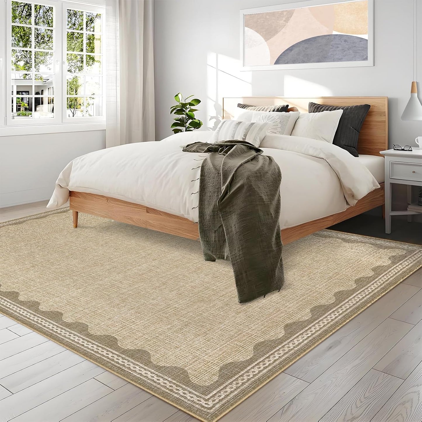Scalloped Washable Rug 10x13 Area Rugs for Living Room, Solid Tan Rug for Bedroom Girls, Non Slip Throw Carpet with Rubber Back, Soft Dorm Nursery 10x13 Scalloped Rugs for Dining Room