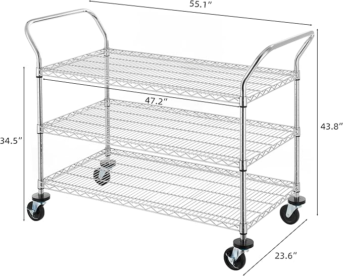 Finnhomy 3-Tier Commercial Grade Rolling Cart, Heavy Duty Utility Carts with Wheels and Handles, Kitchen Trolly on Wheels, Metal Serving Shelves with 700 lbs Capacity, Shelf Size 24" D x 48" W, NSF