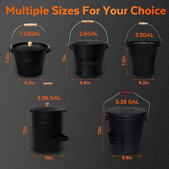 4 Gallon Ash Bucket with Lid and Shovel, Metal Fireplace Ash Bucket with Broom, Complete Fireplace Tools Set for Wood Stove and Fireplace