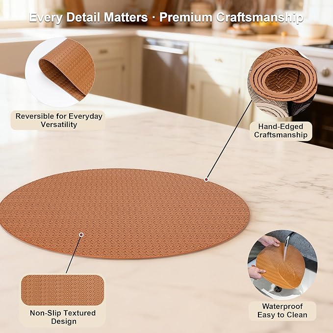 Round Faux Leather Placemats Set of 4 – 13 Inch Vinyl Table Mats, Heat Resistant, Non Slip, Wipeable & Washable, Easy to Clean Dining Table Decor for Kitchen & Dining Room – Cinnamon Brown