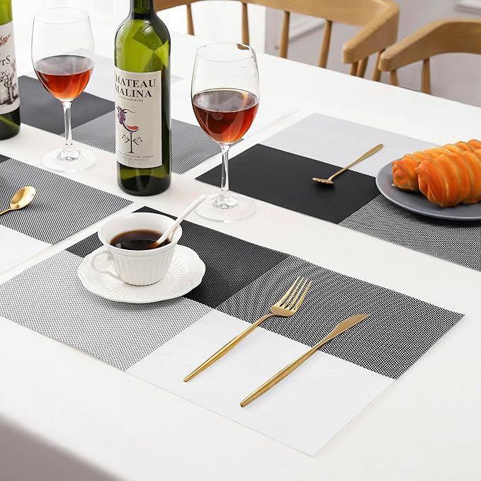 Leetaltree Gray with White Grid Pattern Placemats Set of 4 - Heat Resistant Non-Slip Place mats for Dining Table, Washable Durable PVC Vinyl Woven Table Mats（Grey Grid, 4）