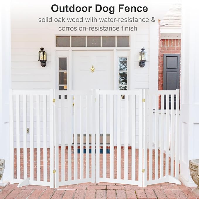 36" Height Extra Tall Freestanding Pet Gate, Solid Wood Folding Safety Fence Wooden Dog Gate with 2 PCs Support Feet Ideal for Stairs, Doorways, Halls, Kitchens, Heavy Duty Gates, 4 Panels, White