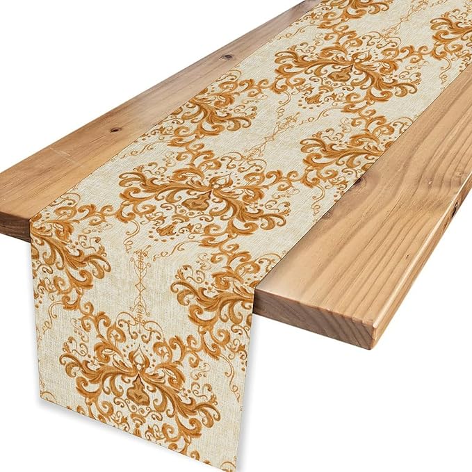 Damask Table Runner, Rustic Gold Gothic Boho Floral Flower Baroque Style Antique Vintage Retro Coffee Table Center Decor for Kitchen and Dining Outdoor Home Country Party Table Decorations, 13"x72"