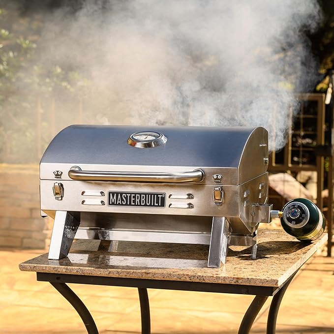 Masterbuilt Portable Propane Gas Grill with Folding Legs, Chrome-Coated Warming Rack and 288 Cooking Square Inches in Stainless Steel, Model MB20030819