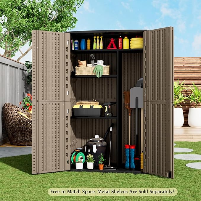 ZZM Large 67 Cu.ft Waterproof Storage Shed, Outdoor Storage Cabinet，Durable Resin Sheds for Patio Furniture, Garden Tools, Pool Accessories, Mower Storage (Coffee)