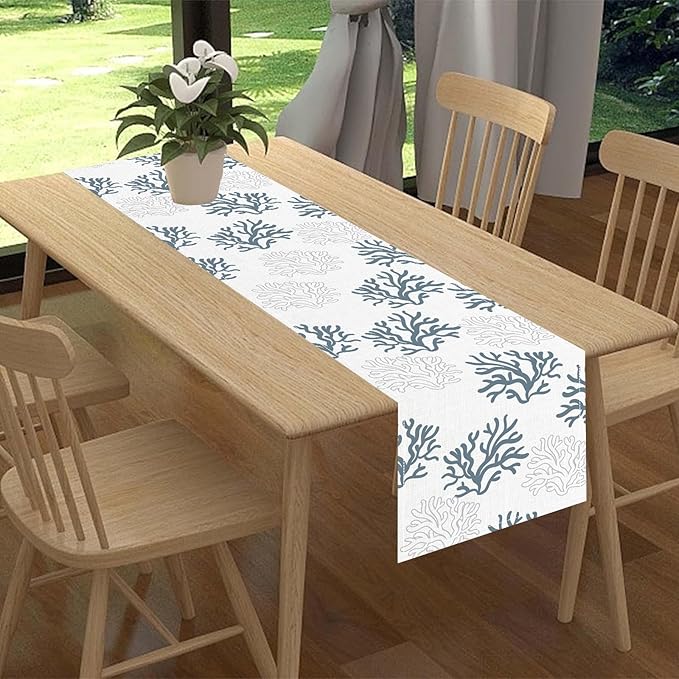 Coastal Table Runner, Summer Seasonal Beach Coral Nautical Tropical Ocean Marine Farmhouse Rustic Coffee Table Center Decor for Home Kitchen Dining Patio Indoor Outdoor Table Decoration, 13"x36" Inch