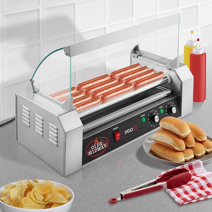 Olde Midway Electric 12 Hot Dog 5 Roller Grill Cooker Machine with Cover 700-Watt - Commercial Grade