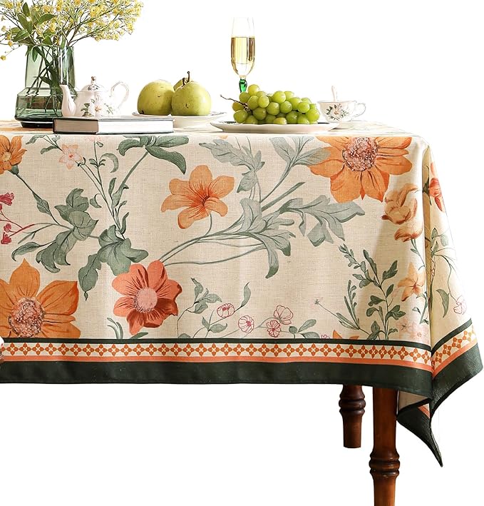 French Tablecloth for Rectangle Table,Linen Orange Floral Wrinkle Resistant Tablecloths,Decorative Table Cover for Kitchen,Dining,Tea Party,Thanksgiving,Christmas,63"*87"-Milch