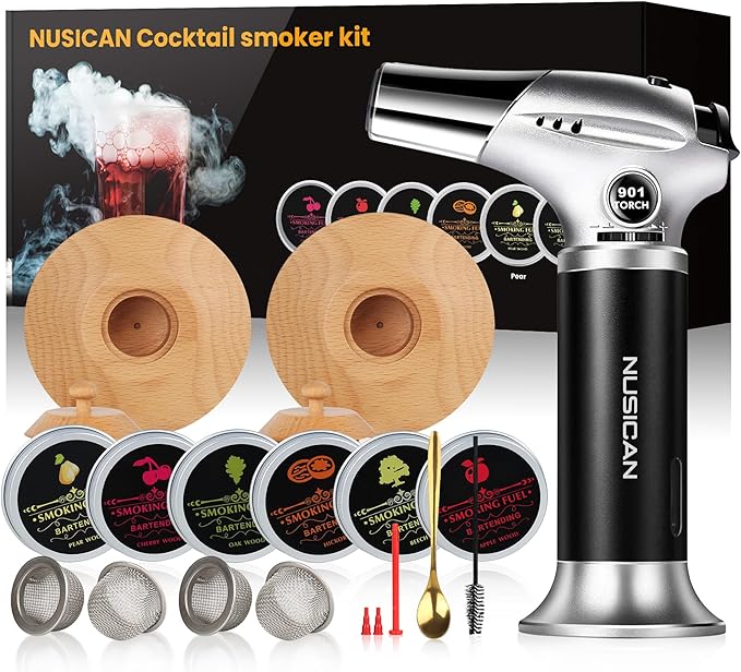 Cocktail Smoker Kit with Torch, 6 Flavors Wood Chips for Whiskey and Bourbon, Old Fashioned Smoker Kit for Infused Cocktail, Cheese, Salad and Meats, Gifts for Men, Dad and Boyfriend (No Butane)