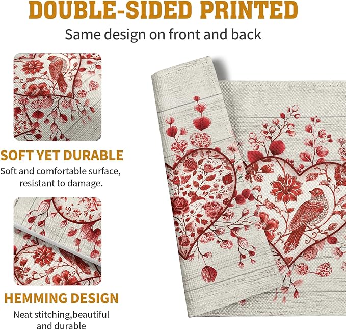 Valentine Wooden Heart Placemats Set of 4, 12x18 Inch Valentines Chinoiserie Red Floral Dining Table Placemats Heat Resistant Washable Table Mats for Kitchen Dining Holiday Indoor