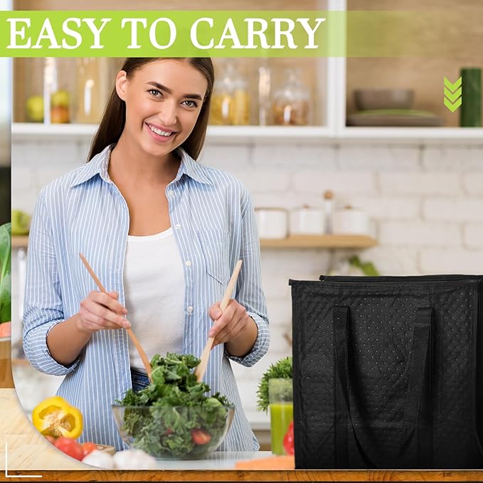 10 Pack Large Insulated Grocery Bags Reusable Shopping Bags with Zippered Top 13 x 12 x 7 Inch Thermal Cooler Totes Bulk with Handles for Hot Cold Food Delivery Refrigerator(Black)