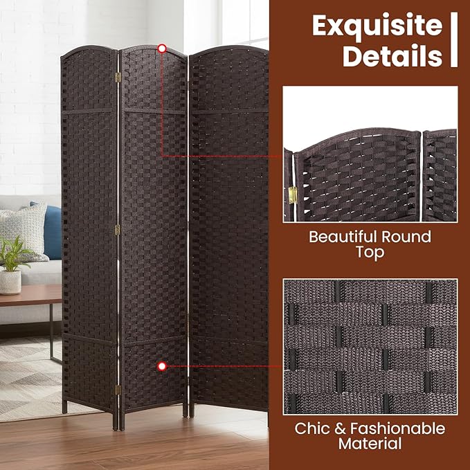 FDW Room Divider 4 Panel Screen 5.6 Ft Tall Partition Privacy Screens Folding Room Separation Free Standing Waterproof Wood Frame Wall Divider, Dark Brown