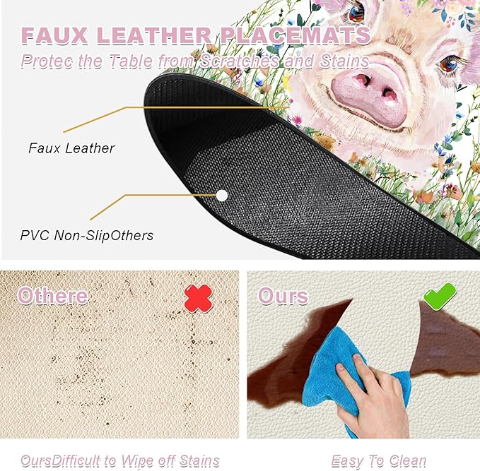 Flower Pig Placemats Set of 4 - Faux Leather Heat Resistant Placemats for Dinner Table, Non-Slip Waterproof Oil-Proof Washable Reusable Placemat for Indoor Outdoor Kitchen Decor, 15.75In*11.81In