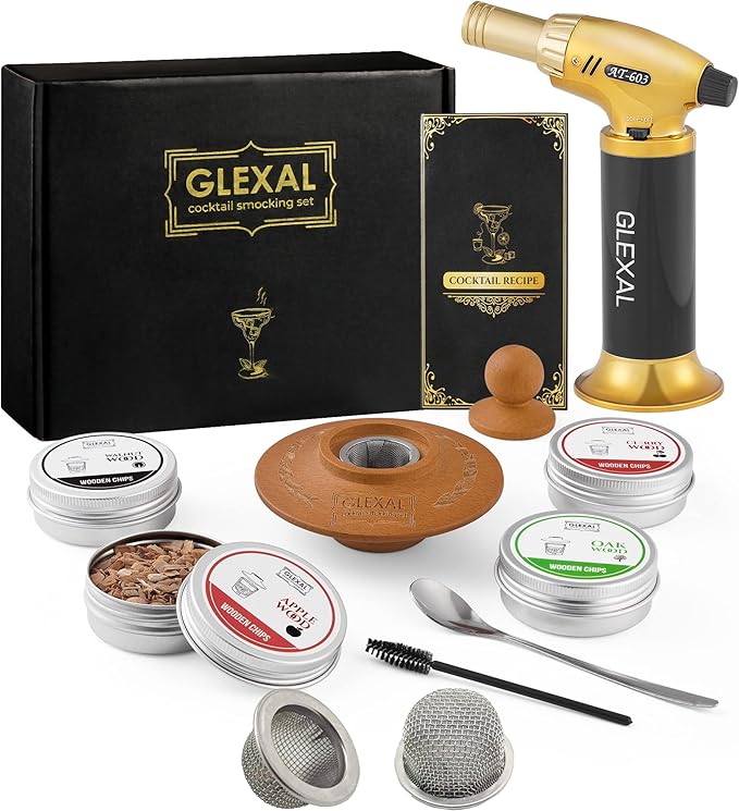 Bourbon Whiskey Cocktail Smoker Kit with Torch, Glexal Drink Smoker Infuser Kit with Four Flavors Wood Chips for Smoked Old Fashioned Cocktails, Whiskey Bourbon Gifts for Men Father's Day (No Butane)