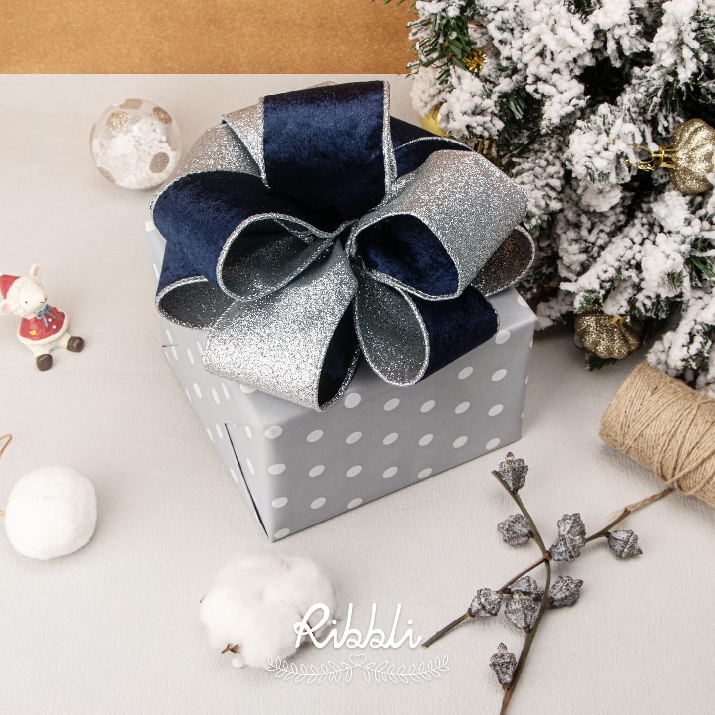 Ribbli Navy Velvet Wired Ribbon 2.5 Inch Navy Velvet with Silver Glitter Christmas Ribbon for Christmas Tree Decoration Big Bow Gift Wrapping Crafts Wreaths Supplies- 10 Yards