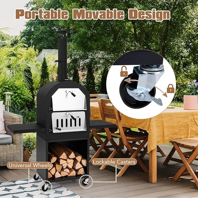 HAPPYGRILL Outdoor Wood Fired Pizza Oven w/Firewood Storage, Side Shelves, Patio Pizza Maker wi/Pizza Stone & Peel, 2 Cooking Grills & Thermometer, Portable Pizza Stove for Backyard Party Camping