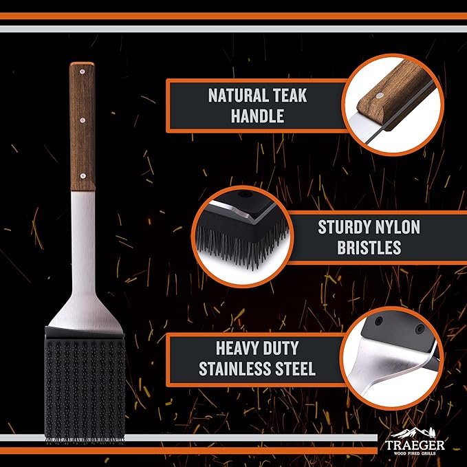 Traeger Grills BAC537 BBQ Cleaning Brush for Outdoor Grill – Stainless Steel Grill Scraper with Nylon Bristles, Teak Wood Handle, Dual Grip Design, and Hanging Loop