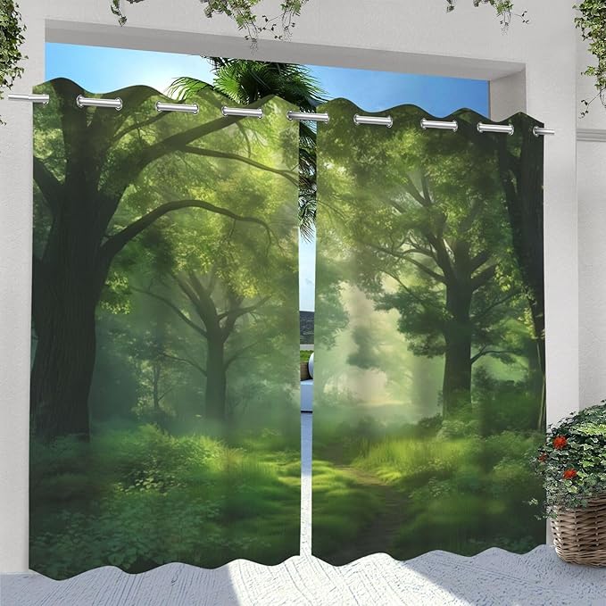 Forest Theme Outdoor Curtains for Patio Waterproof,Dawn Trees Jungle Pattern,Privacy Weatherproof Grommet Outside Curtains for Porch, Pergola, Cabana,Set of 2 Panels,42 x 84 inch,Green