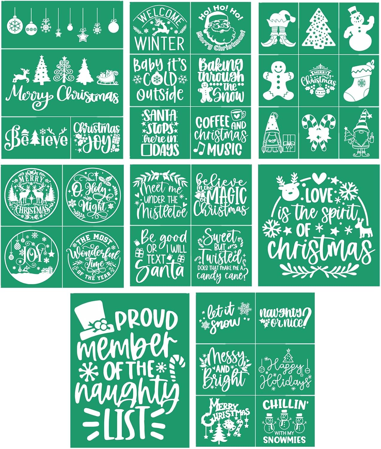 JAJADO Self Adhesive Christmas Silk Screen Stencils 9 Pcs, Winter Holiday Xmas Screen Print Transfers Chalk Mesh Stencils for Painting on Wood, Fabric, Glass, Pillow, Card, DIY Christmas Decoratio