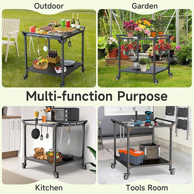 NUUK Grill Cart 32" x 32" Stainless Steel Pizza Oven Table with Double-Shelf Rolling Kitchen Island Cooking Station, Indoor & Outdoor Food Prep Cart