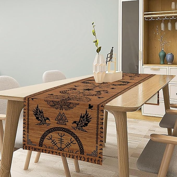 Viking Table Runners, Viking Tree of Life Raven Helmet of Awe Wood Print Table Runner for Home Kitchen Coffee Dining Room Bedroom Party 13x120in