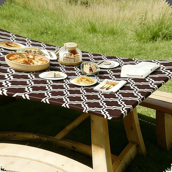 Rectangle Picnic Table Cloth, Elastic Waterproof Fitted Vinyl Tablecloths for 8 Foot Tables, Wipeable Flannel Backed Table Covers for Dining, Camping, Outdoor(Black,36"x96")