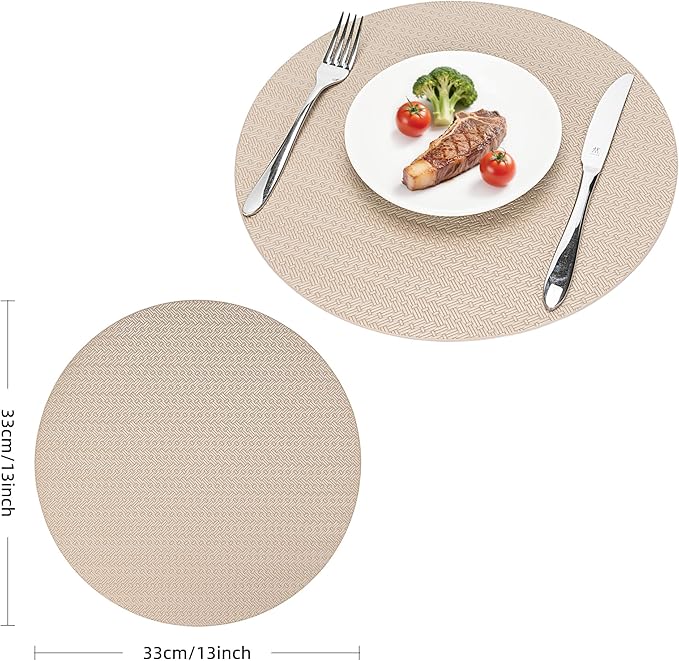 Round Faux Leather Placemats Set of 4 – 13 Inch Vinyl Table Mats, Heat Resistant, Non Slip, Wipeable & Washable, Easy to Clean Dining Table Decor for Kitchen & Dining Room（Light Taupe）