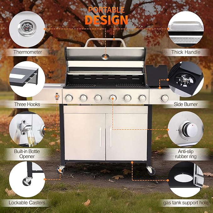 6-Burner Propane Grill - 65850 BTU BBQ with Side Burner | Porcelain Cast Iron Grates | Stainless Steel Outdoor Grill for Backyard, Camping, Tailgating (Fast Heating & Easy Clean)