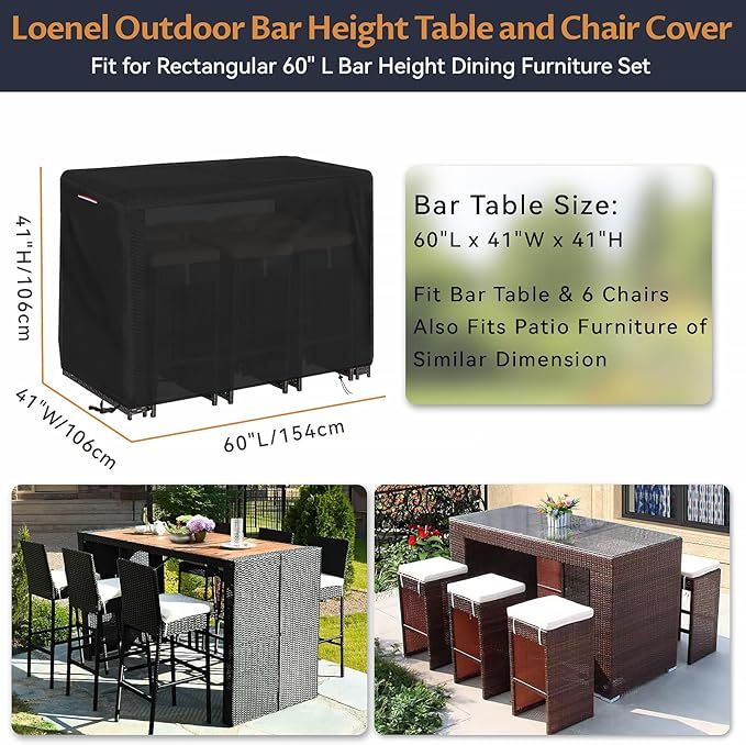 Outdoor Bar Covers Waterproof, Tall Bar Height Patio Table Covers for Outdoor Furniture Rectangular 60" Long Patio Furniture Covers for Outdoor Dining Table Chairs Set Cover- 60"L x 41"W x 41"H
