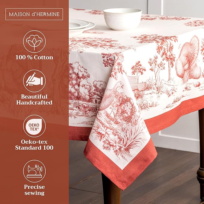 Maison d' Hermine Table Cloth Rectangle Table 100% Cotton 70 x 108 Inches Fall Tablecloth Reusable Everyday Use for Thanksgiving Christmas Decorations Dining Farmhouse Party (Holy Jouy - Red)