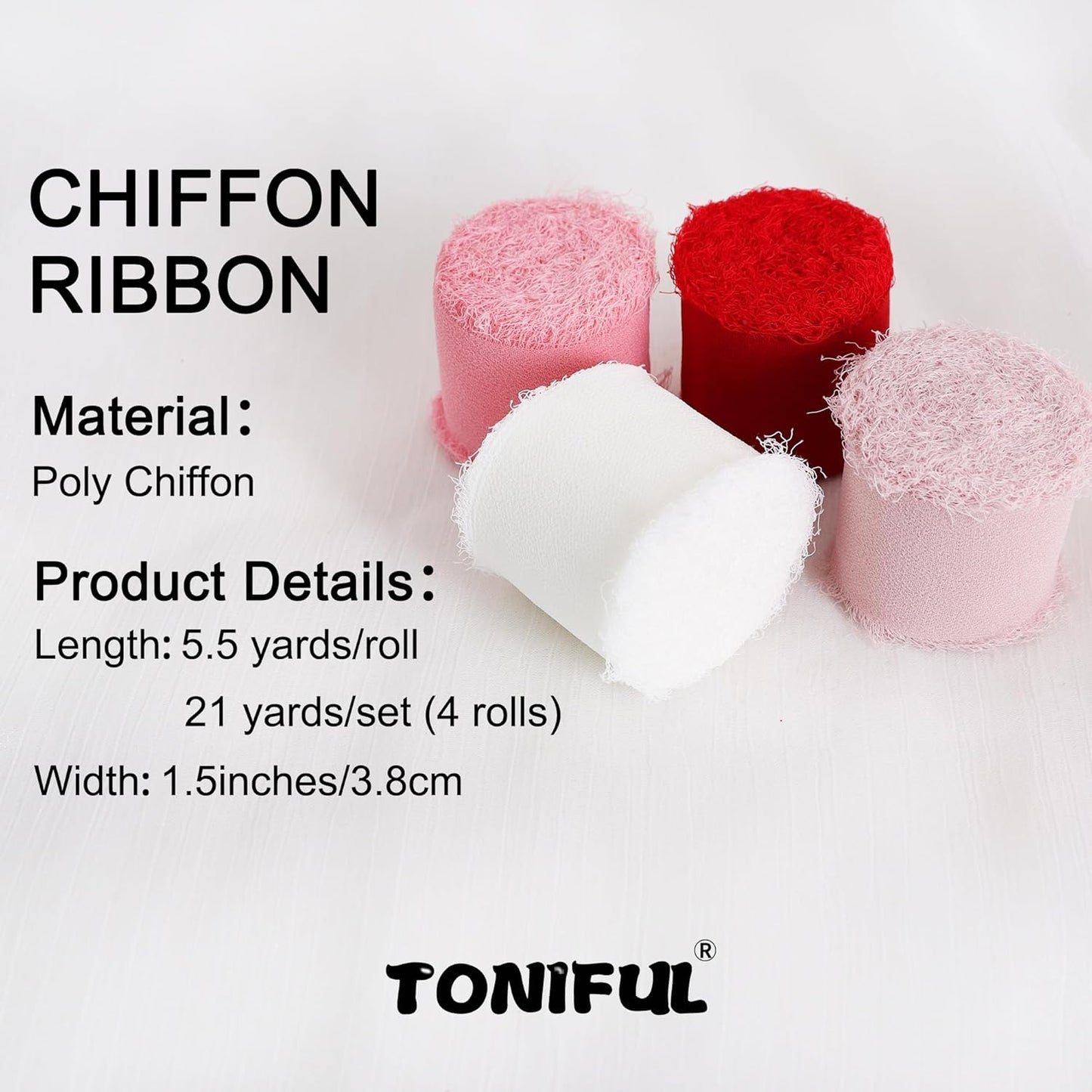 TONIFUL 4 Rolls Silk Chiffon Ribbon 1-1/2 Inch x 22 Yards,Red Pink and White Handmade Fringe Silk Ribbon Set for Gift Wrapping Bridal Bouquets Crafts Wedding Christmas Valentines Decoration