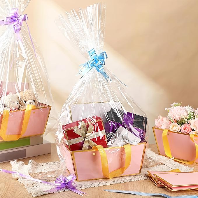 Tuanse 30 Pcs Basket for Gift Empty DIY Bulk Gift Basket Kit with Handle Kraft Cardboard Tray with 30 Bag 30 Bow Market Tray for Wedding Party(Pink,9.8 x 6.7 x 4.3 in)